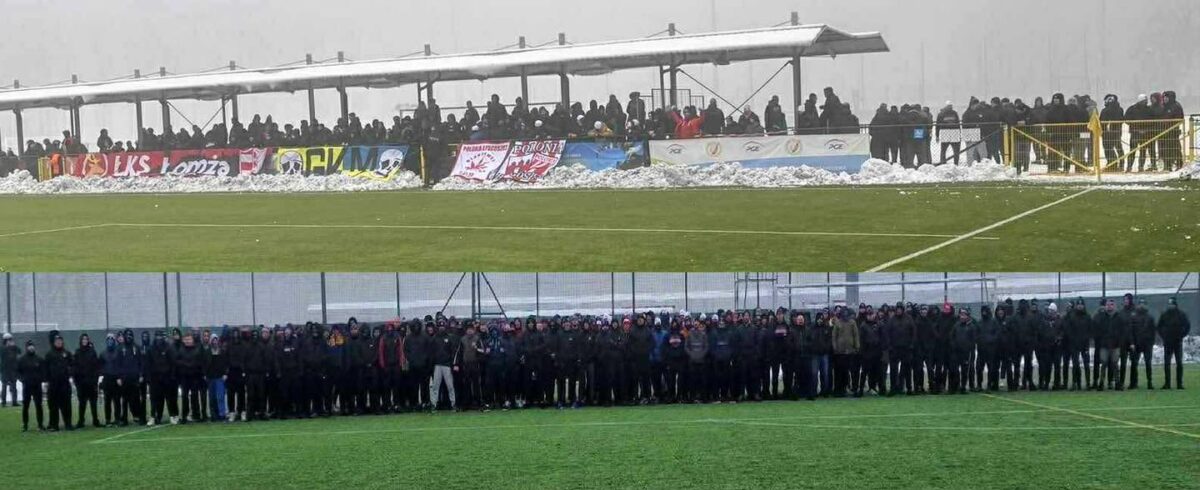 Delegacja 28 Stomilowców wspierała w niedzielę kiboli ŁKS-u Łomża w Łodzi na meczu z rezerwami Widzewa